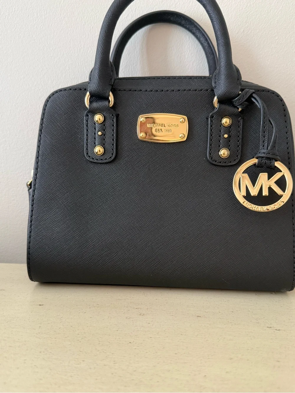 MICHAEL Michael Kors Black Saffiano Leather Satchel with Gold Hardware